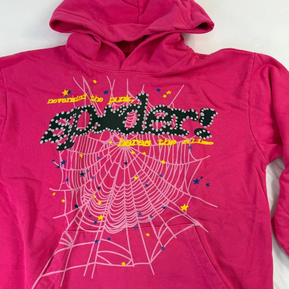Sp5der Worldwide Pink Punk Hoodie Spider Web Star Graphic Large